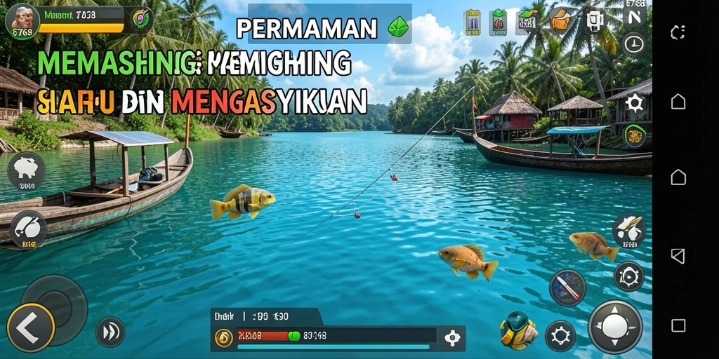 Tangkapan ikan besar dalam gameplay 8768 di danau yang indah.