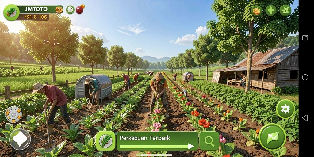 Screenshot gameplay JMTOTO dengan kebun yang indah dan tanaman subur.