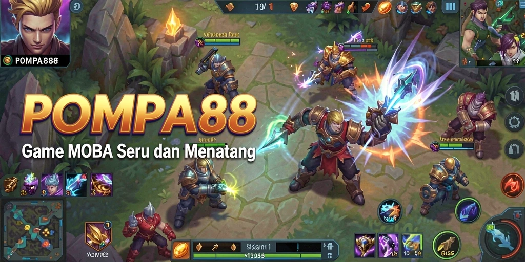 Tampilan gameplay POMPA88 yang penuh aksi dalam pertempuran MOBA.