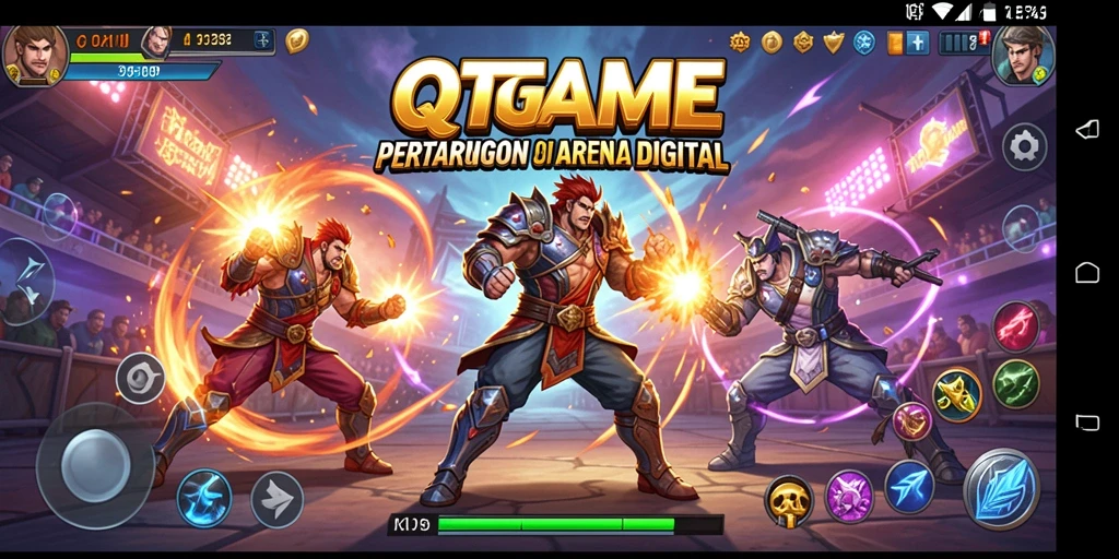 Screenshot gameplay QTGAME menampilkan pertarungan seru antara dua karakter.