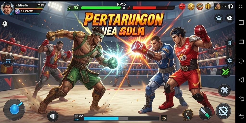 Screenshot utama RP55 menampilkan aksi pertarungan karakter yang dinamis.